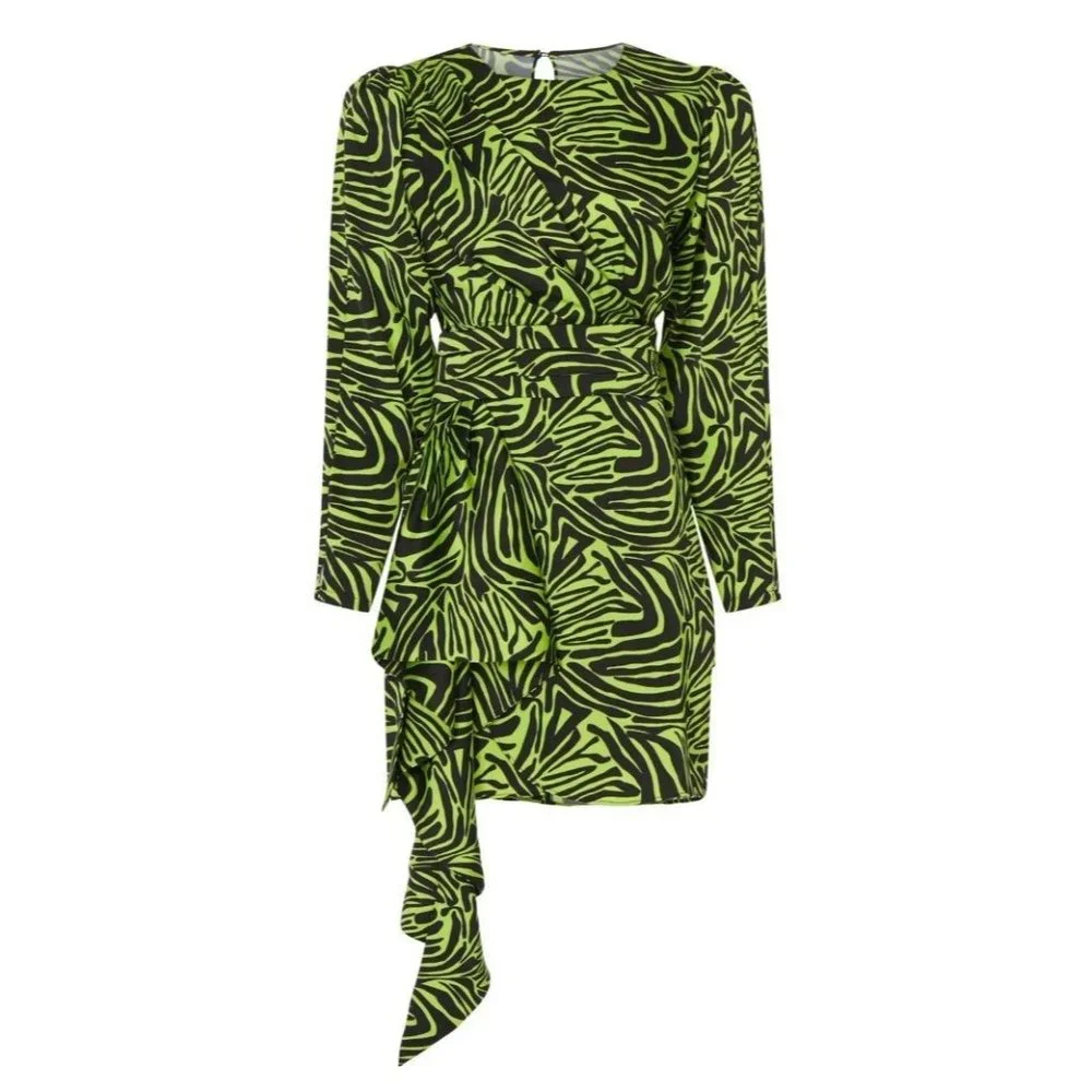 Rent the runway size 4 low cut ronny kobo zebra print green dress ruffle animal